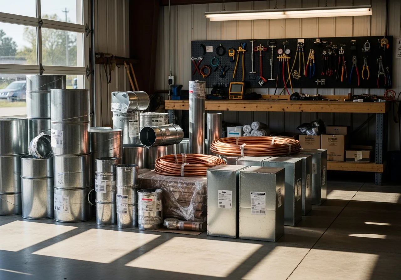 Construction crew and tools on a job site, showcasing professional HVAC and remodeling equipment ready for installation and repair work.