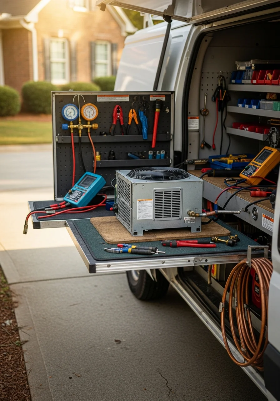 Professional service technician working on a residential property in an Atlanta suburb, demonstrating skilled workmanship and attention to detail.