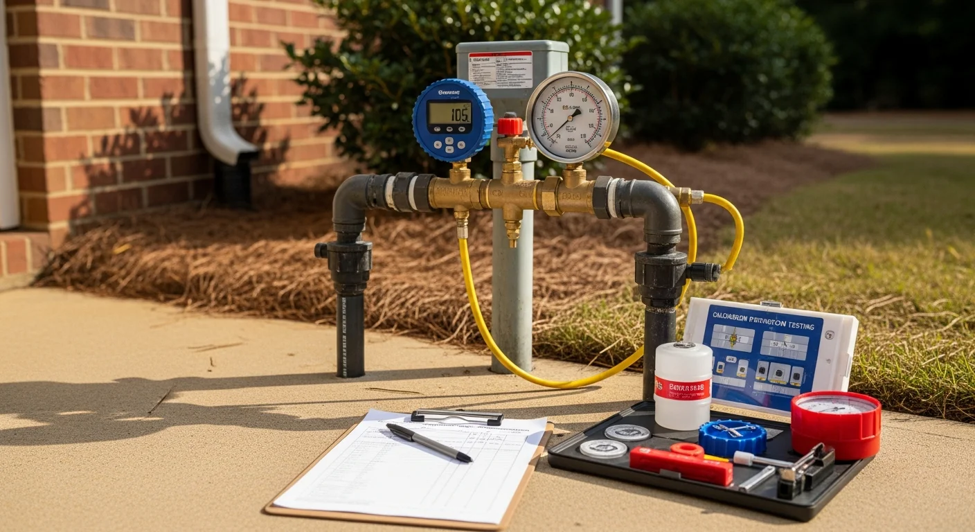 A plumbing technician testing a backflow prevention assembly mounted on an exterior pipe at a residential property in Oconee County, SC. The technician uses a differential pressure gauge to check the device and records results on a state test report form.