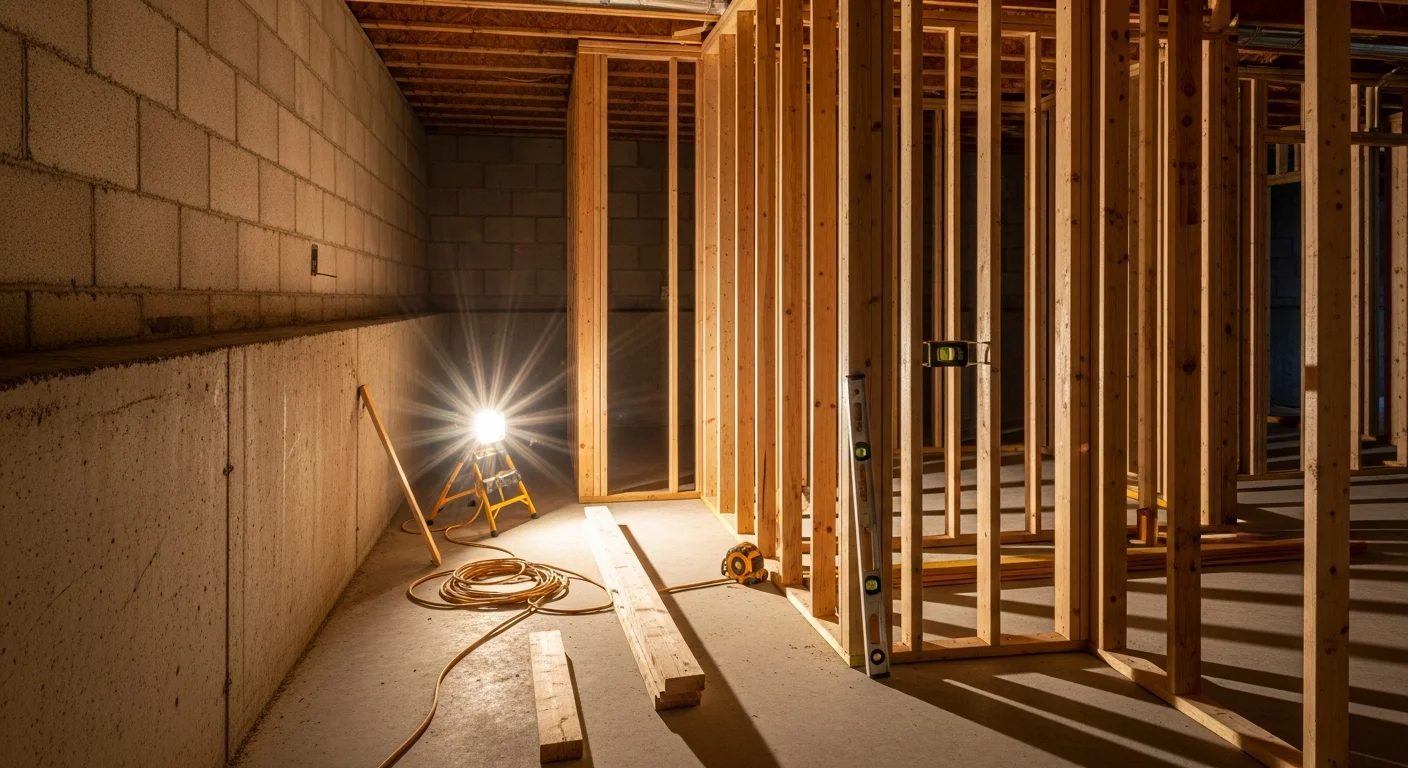 Finished basement interior in an Oconee County, SC home, showing framed walls, recessed lighting, and a walk-out door to a sloped backyard. Bright View Builder completed the full remodel from bare concrete to finished living space.