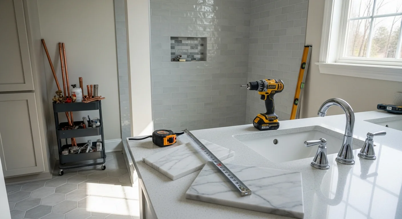 A remodeled bathroom in an Oconee County, SC home featuring a walk-in tile shower, updated vanity, and new light fixtures. The finished space shows clean grout lines, a frameless shower opening, and a neutral color palette suited to a single-family residential renovation.