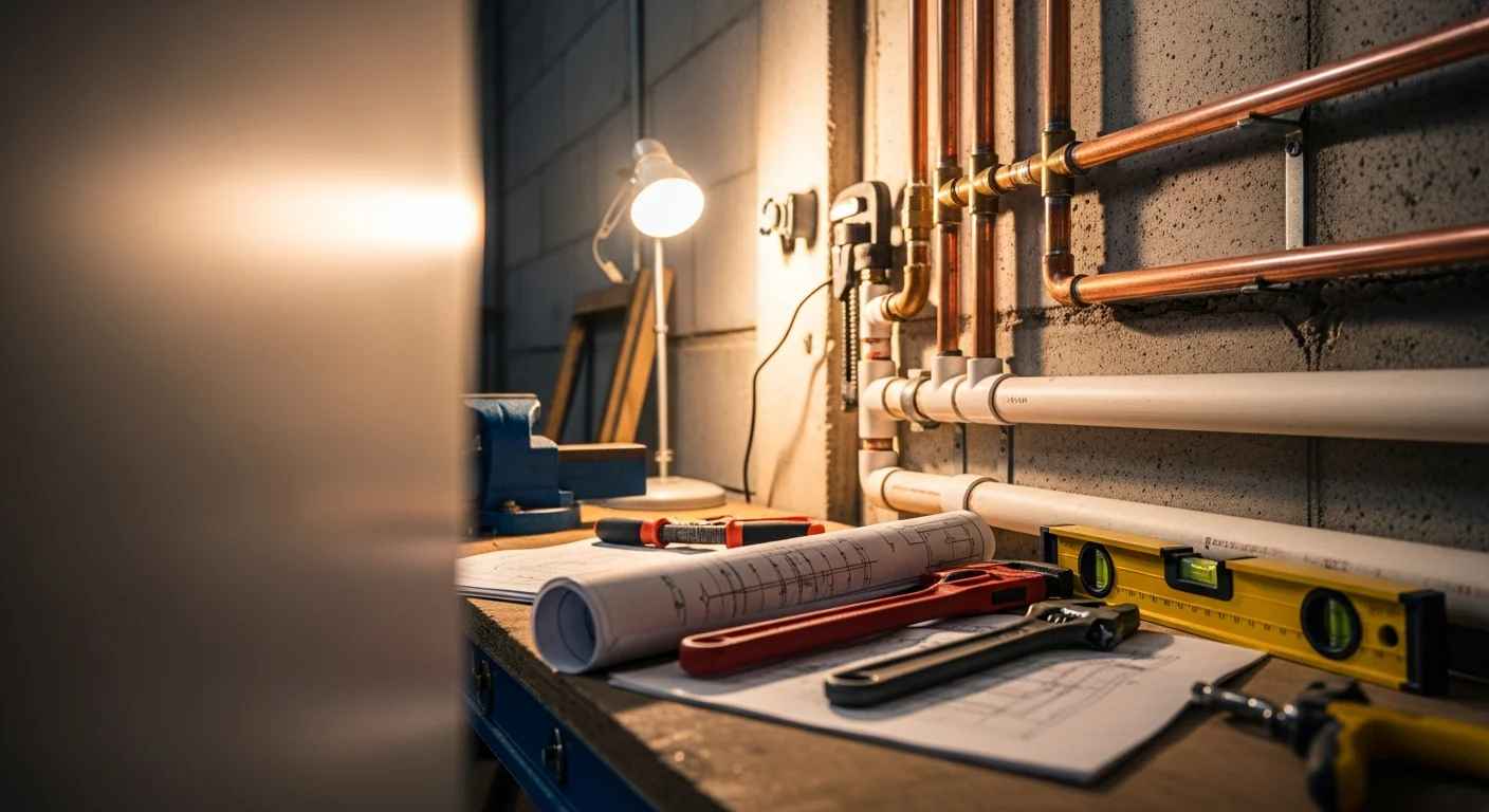 A licensed plumber inspecting a commercial pipe system inside an industrial facility in Oconee County, SC. Exposed supply lines and floor drains are visible in a clean, active workspace.