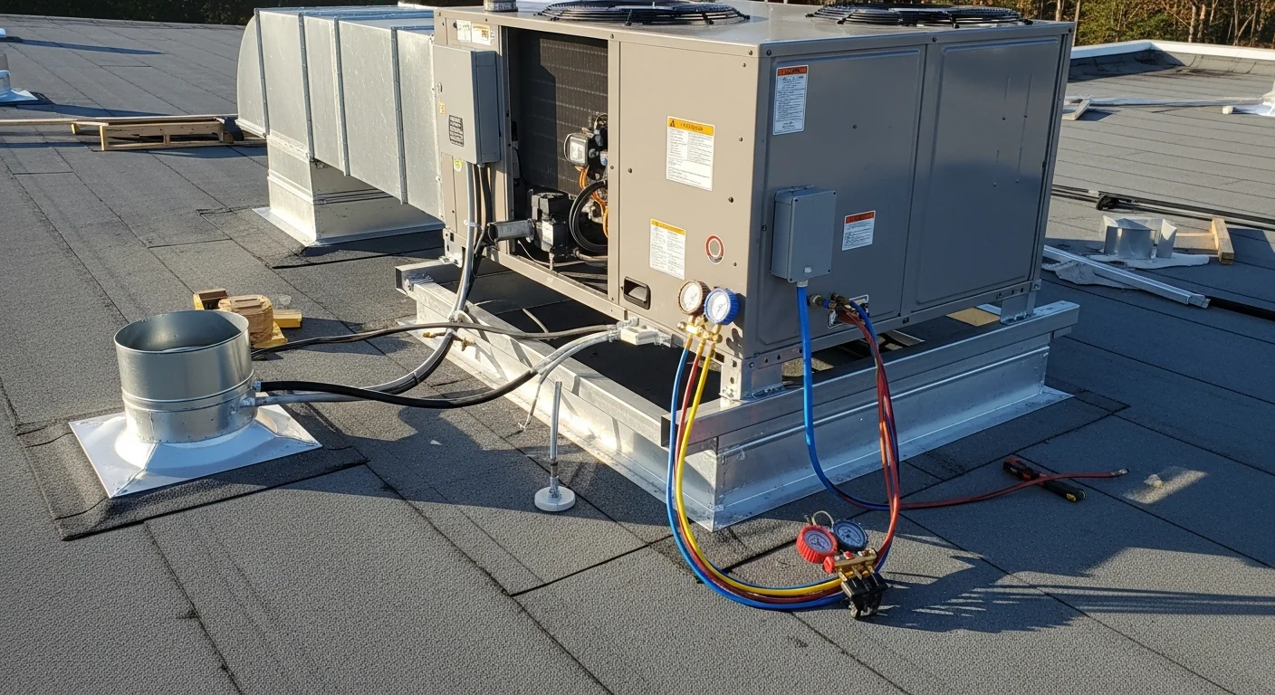 A commercial rooftop unit mounted on a flat-roof building in Oconee County, SC, with ductwork connections and electrical conduit visible at the curb. The unit is fully installed and ready for startup on a clear day.