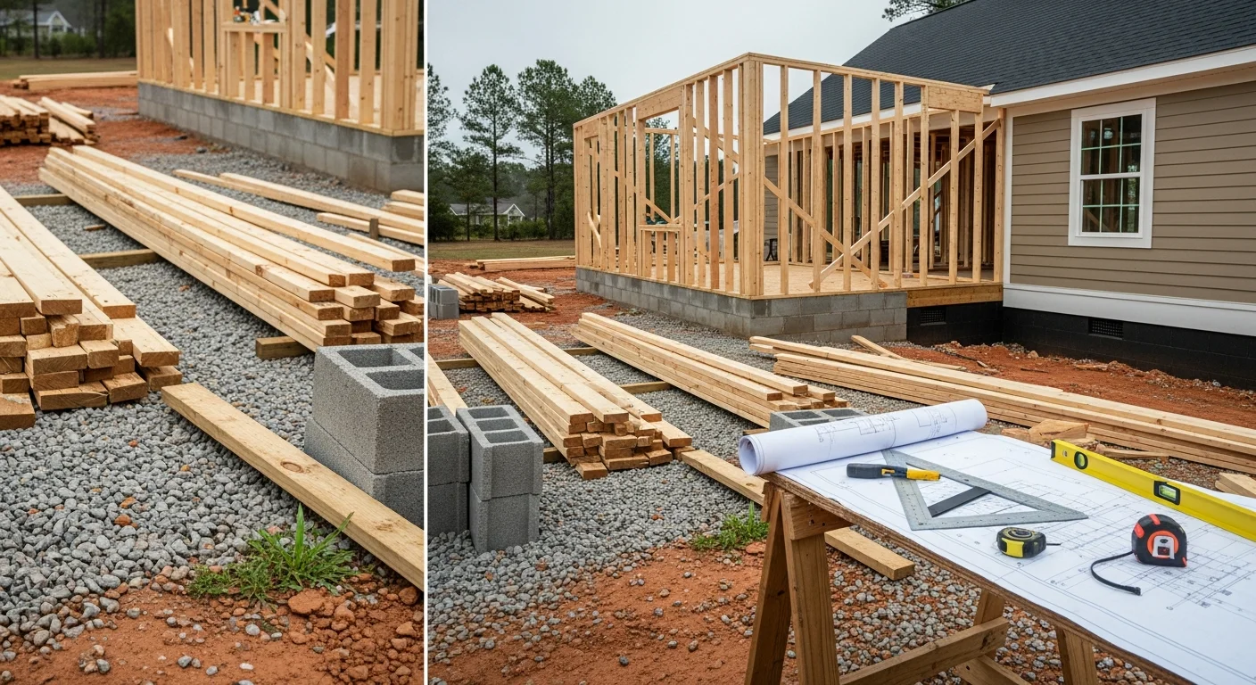 A newly constructed single-family home in Oconee County, South Carolina, with a crawl space foundation and wood-framed exterior walls ready for siding. A Bright View Builder job site sign is visible near the front of the property.