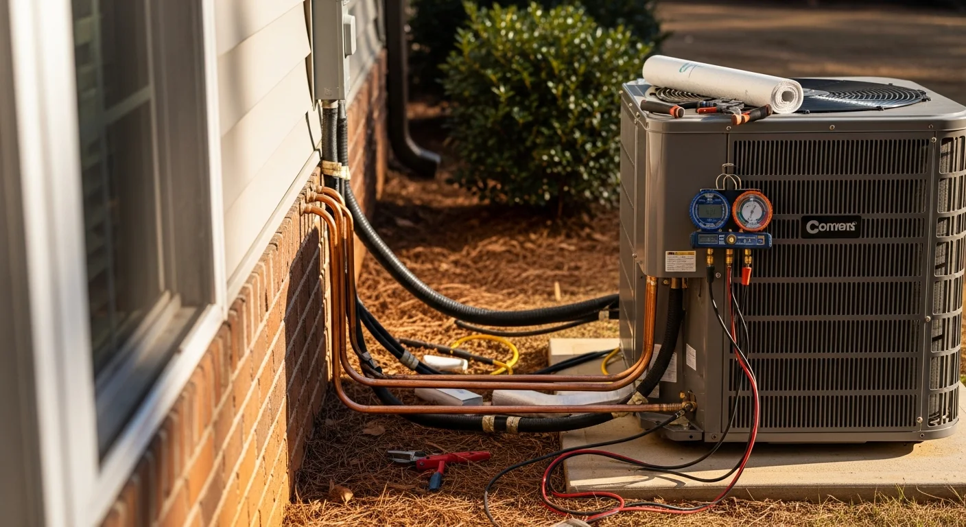 A newly installed HVAC outdoor condenser unit positioned beside a residential home in Oconee County, SC, with clean refrigerant line connections and a finished concrete pad. An HVAC technician in a work uniform inspects the unit connections during a post-installation check.