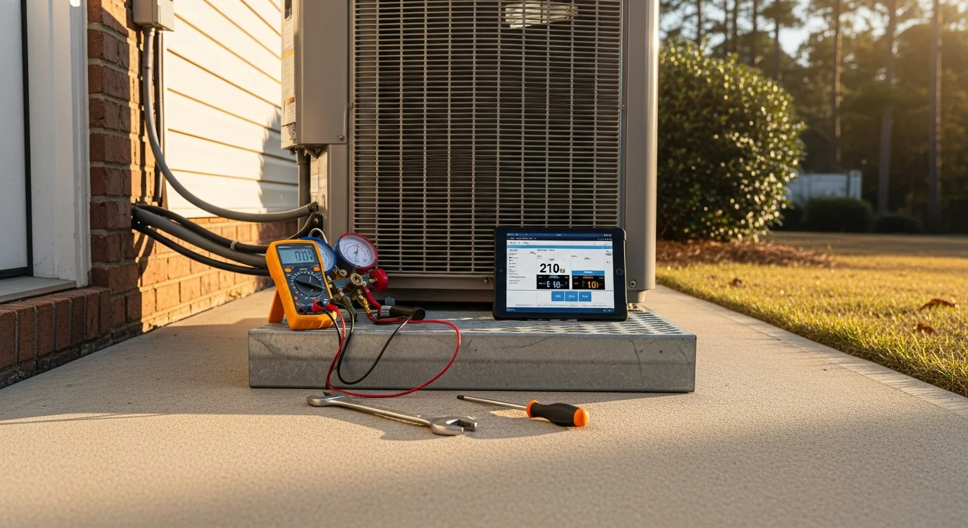 A Bright View Builder HVAC technician inspecting an outdoor condenser unit at a residential property in Oconee County, SC. The technician checks internal components on a warm, humid day typical of the Upstate South Carolina climate.
