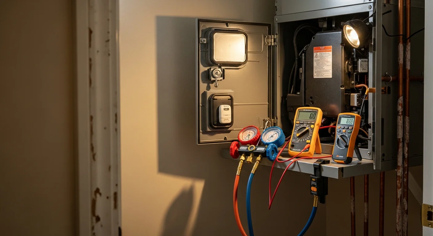 A Bright View Builder HVAC technician inspecting an outdoor condenser unit at a single-family home in Oconee County, SC. The technician checks electrical connections and refrigerant lines during a diagnostic service call.