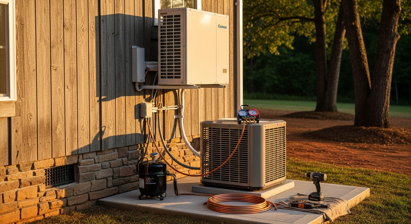 A wall-mounted mini-split indoor air handler installed in a residential room in Oconee County, SC, with the outdoor compressor unit visible through a window on the exterior wall. A licensed Bright View Builder HVAC technician checks the refrigerant line connections at the outdoor unit.