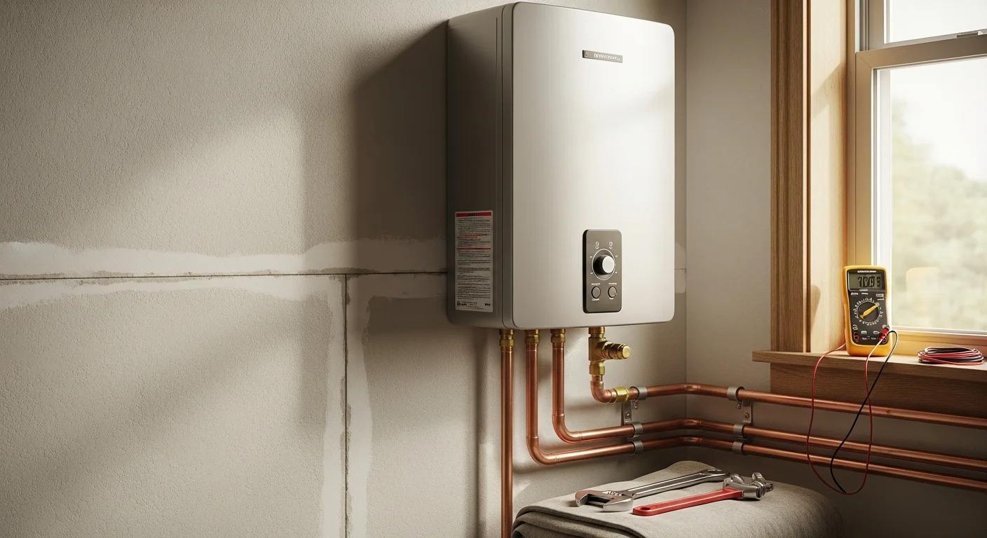 A licensed plumber from Bright View Builder mounting a compact tankless water heater unit on a utility room wall in an Oconee County, SC home. The gas line and water supply connections are visible and neatly fitted to the wall-mounted unit.