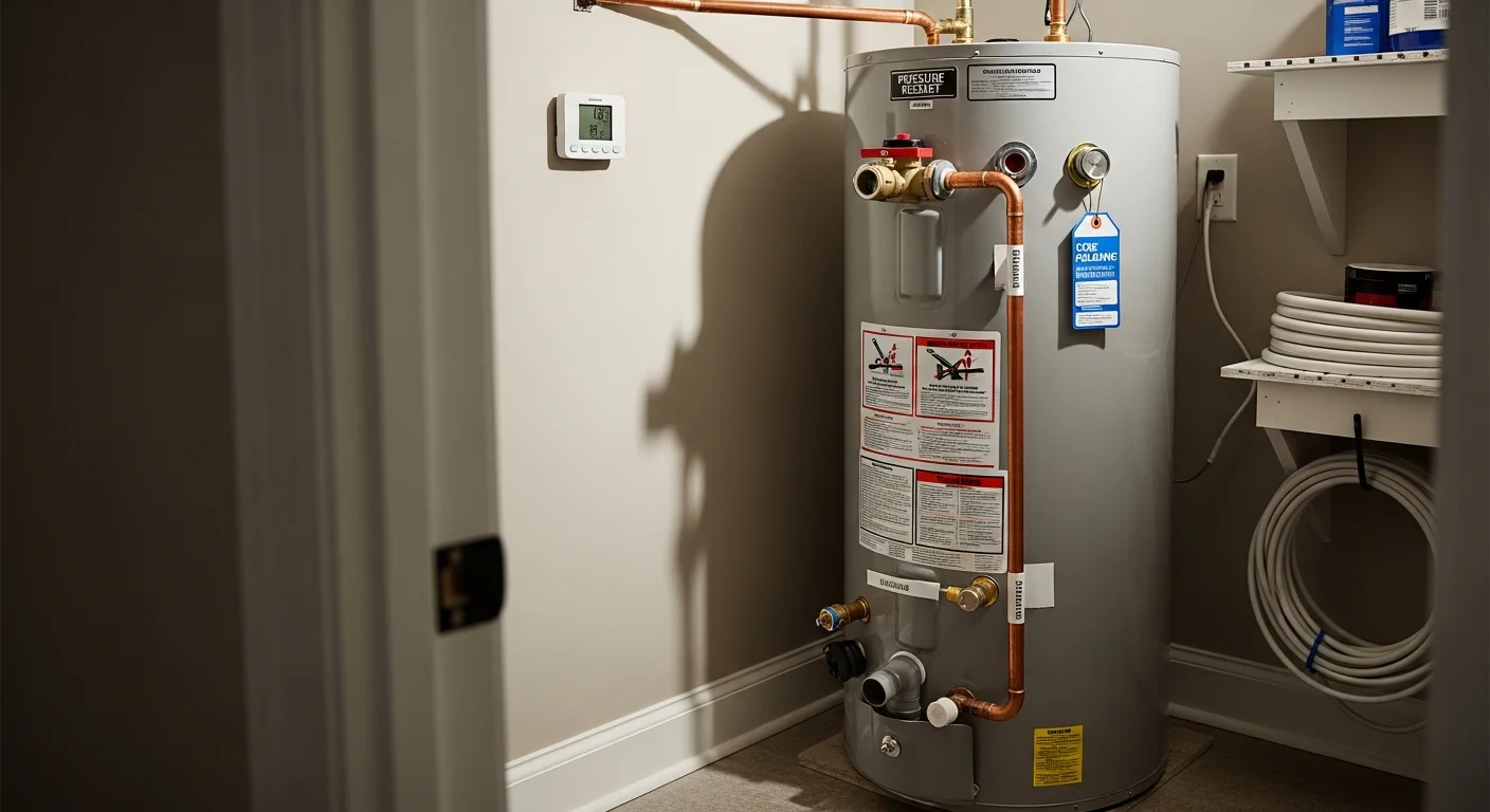 A licensed plumber from Bright View Builder connecting a new water heater in a residential utility room in Oconee County, SC. The installation shows clean pipe connections and a pressure relief valve in place.