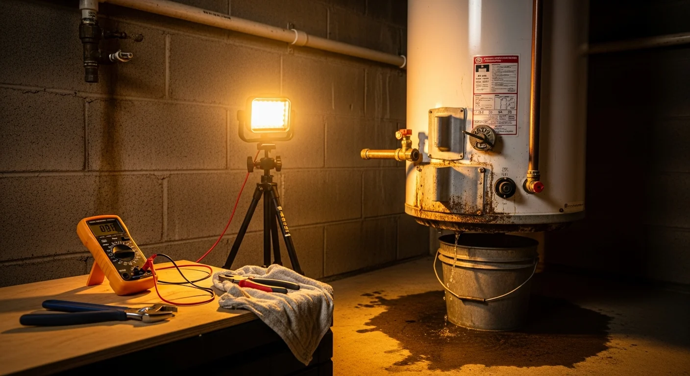 A licensed plumber from Bright View Builder inspecting a residential tank-style water heater in an Oconee County, SC home. The technician checks the pressure relief valve and connections during a repair service call.
